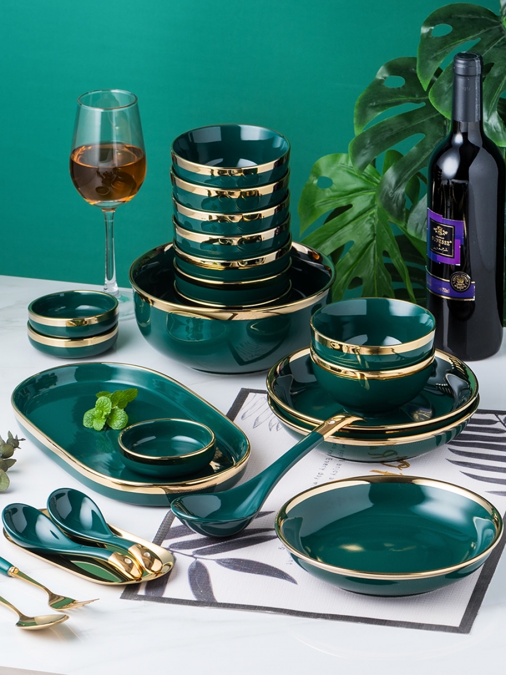 Royal Emerald Green Ceramic Gold Tableware Set FEJJ MALL