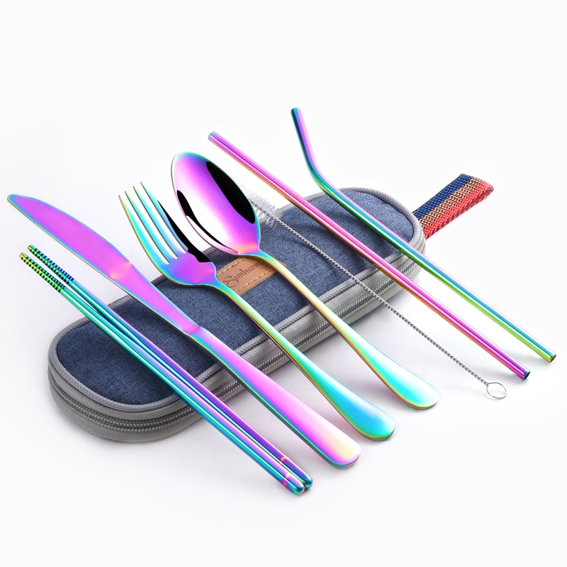 Travel Utensils, 8-Piece Reusable Utensils with Case, Travel Camping Cutlery  Set, Portable Stainless Steel Flatware Set Includes Knife, Fork, Spoon,  Chopsticks, Straws, Cleaning Brush, Rainbow